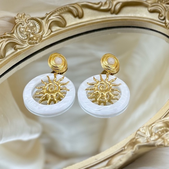 Sunburst Drop Earrings PVD Gold PlatedStainless Steel with Natural Stone… - Picture 10 of 15